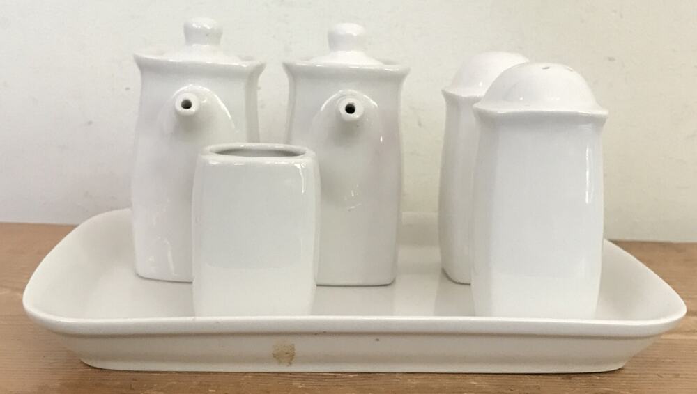 Vintage Tri Gemstone Ware Porcelain Creamer Sugar Salt Paper Cruet Tray Set